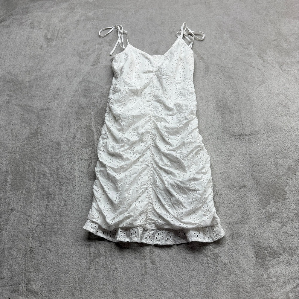 Hollister Eyelet Mini Dress Women XS White Ruched Tie Strap Cotton Sundress Boho